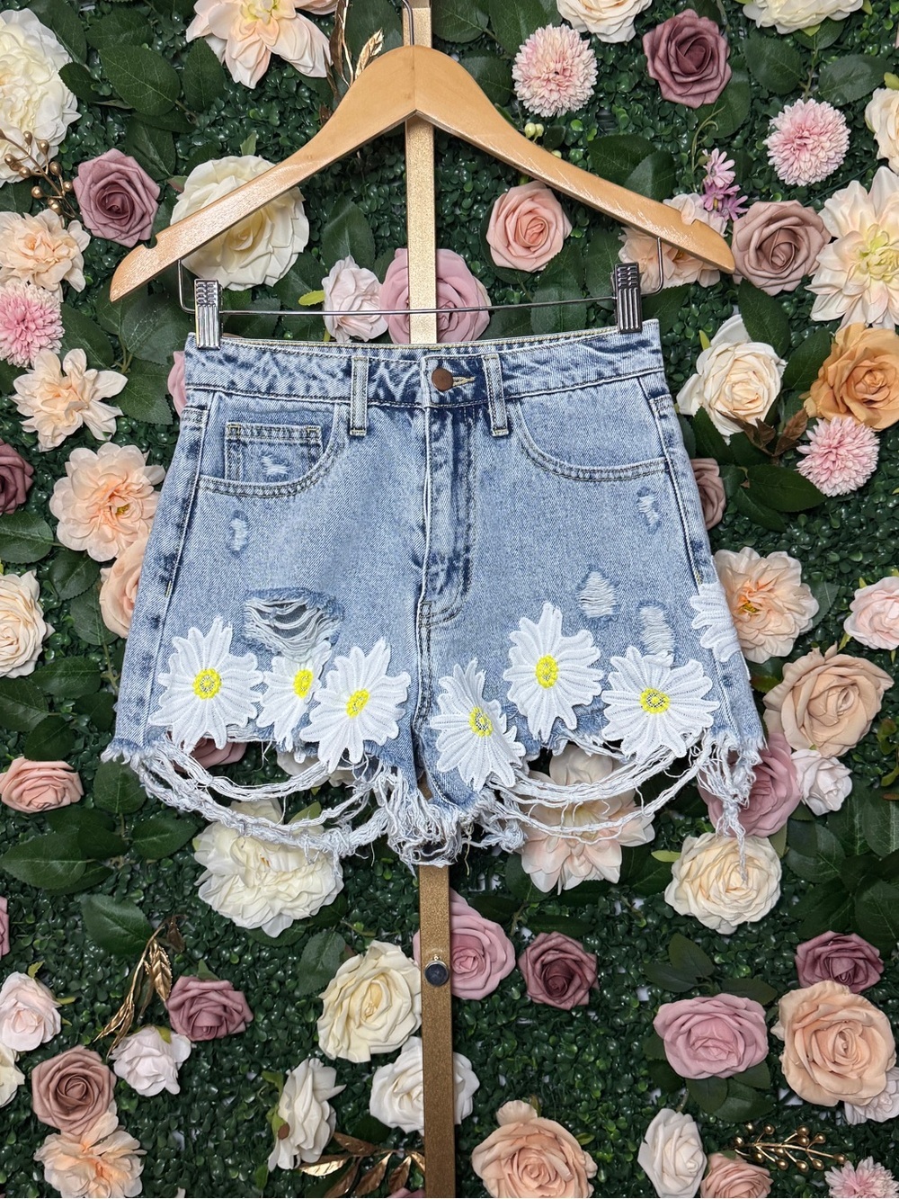 Light Blue Denim Shorts with White Daisy Appliqué
